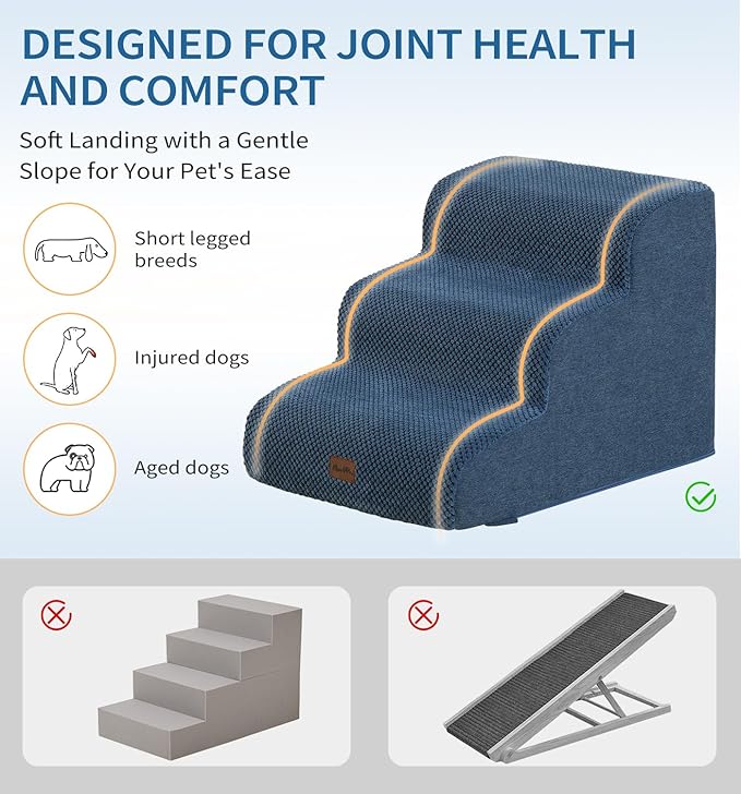 Made4Pets Dog Stairs Ramp for Small Dogs, 3-Step Dog Steps for Bed Couch Sofa and Chair, 35D Foam Pet Steps for Small Dogs and Cats, Non-Slip Bottom Pet Stairs, Navy