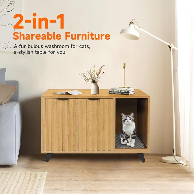 Cat Litter Box Enclosure, Modern Cat Litter Box Furniture Hidden, with Scratching Pad, 4 Metal Legs, Cat House, Natural Oak