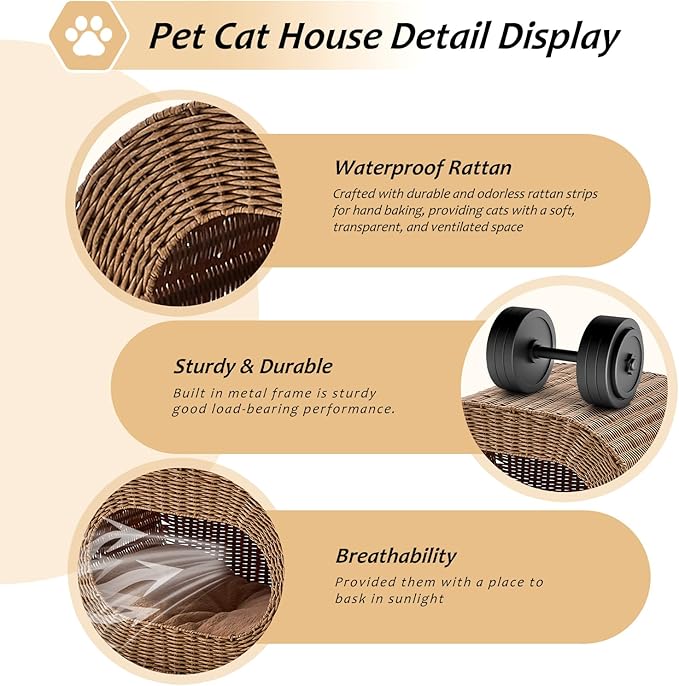 Cat House,Handwoven Cat Cave Pet Cube, Rattan Cat Beds Indoor Kitten House with Double-Sided Soft Cushions, Pet Cat House for Multiple Cats, for Living Room Bedroom