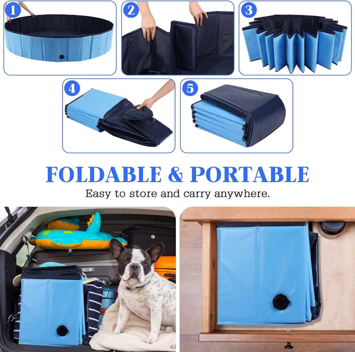 Foldable Dog Bath Swimming Pool Plastic Kiddie Pool Professional Tub Collapsible Grooming Bathtub for Pets Kids Baby and Toddler, 63 x 12 Inches Blue