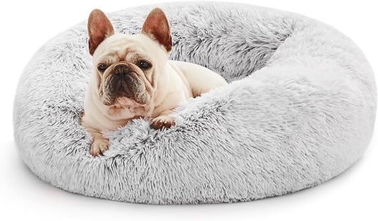 Love's cabin Calming Cat Bed for Indoor Cats,Anti-Anxiety Donut Round Dog Bed,Fluffy Faux Fur Washable Pet Bed for Small Medium Dogs and Cats,Grey,24in
