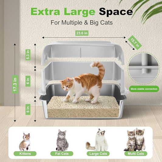 XL Stainless Steel Litter Box with Lid, Extra Large Enclosed Cat Litter Box for Big Cats, High Sided for No-Mess & Odor Control, Easy Clean Metal Pan with Scoop(Grey)