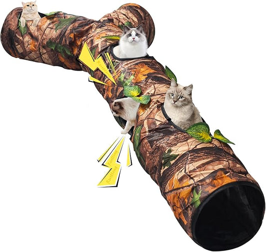 Cat Tunnel,59" Large Y-Shape Cat Cave with 3 Rustle Channels & Leaves, Portable Cat Bed Toy for Indoor Kittens & Small Pets to Chase and Play, Easy Storage (Brown)