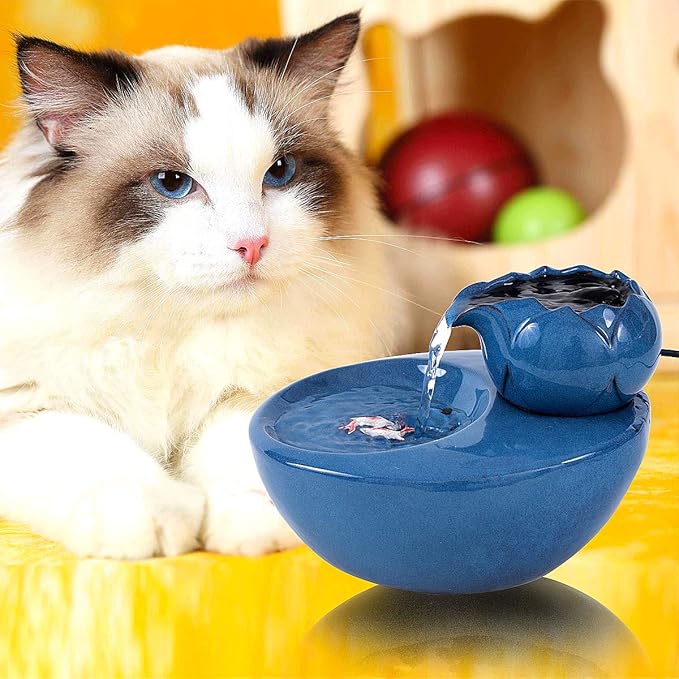 Ceramic Cat Drinking Water Fountain, 1.3 Liters Pet Water Fountains for Cats and Dogs, Electric Pet Water Dispenser with Quiet Pump and 5 Replacement Filters - Blue Lotus Style