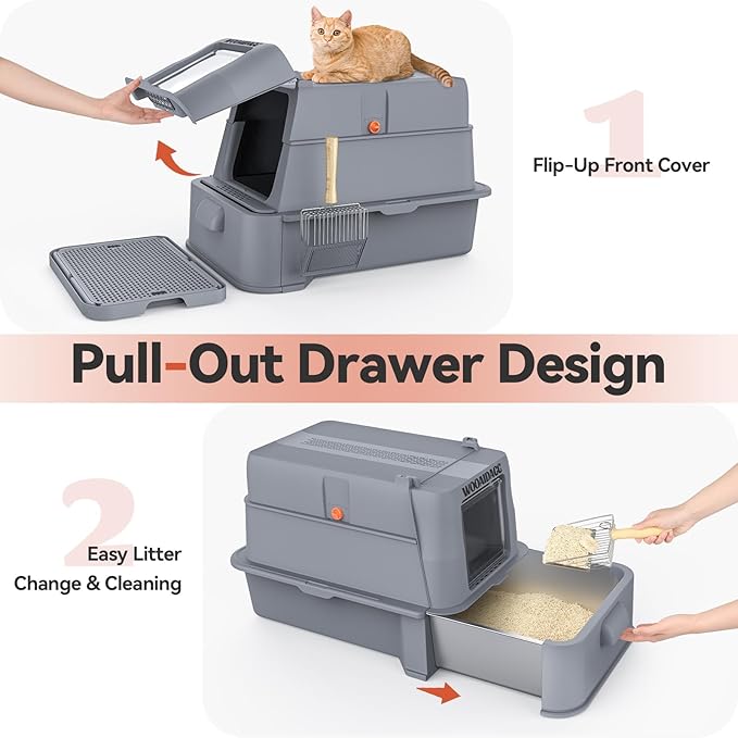 Enclosed Stainless Steel Cat Litter Box with Odor Control, Modular Design with Drawer and Flip Door, Easy to Clean and Wash,Non-Stick Interior,Extra Large Size Fits All Cats(Dark Grey)