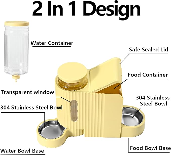 Automatic Cat Food Feeder and Water Dispenser,2 in 1 Gravity Cat Feeder and Water Dispenser with Stainless Steel Bowl,2 Pack Large Capacity Self Feeding for Small Medium Pets Puppy Kitten