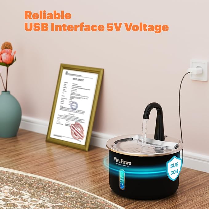 Cat Water Fountain Stainless Steel, Viva Paws 2.2L Automatic Drinking Fountain for Cats, Ultra Quiet Pet Fountain with 4 Stage Filtration System, Easy to Clean Indoor Cat Supplies