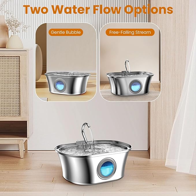 Cat Water Fountain Stainless Steel, 0.8gal/108oz Pet Water Fountain with Water Level Indicator and 3 Filters, Cat Fountain with Quiet Pump Ideal for Cats, Dogs and Multi-pet Household