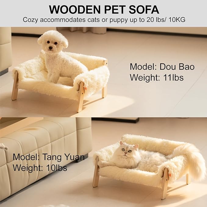 MEWOOFUN Cat Couch Bed, Pet Sofa for Indoor Cats Wooden Indoor Elevated Cat Beds with Removable Mattress Cover Suitable for Kitty, Puppy or Small Animal (Beige, Medium)