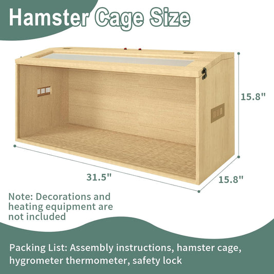 32" Hamster Habitat Enclosure, Top Opening Lockable Roof Door, Gerbil Dwarf Hamster Cage with Hygrometer, Chewproof Syrian Hamster Cage for Mice, Small Animal, (Wooden, 32" L x 16" W x 16" H)