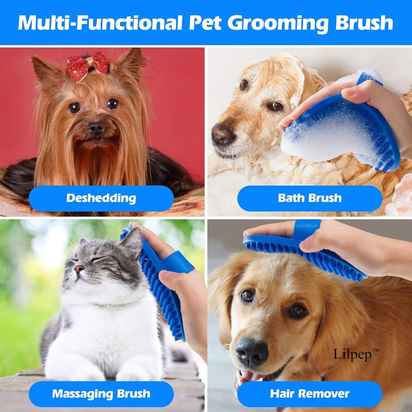 Lilpep Dog Bath Brush, Rubber Pet Shampoo Brush with Silicone Bristles for Massaging Grooming, Removing Short Haired Dogs Cats Shedding, Tangles and Dead Undercoat(Red, plum brush)