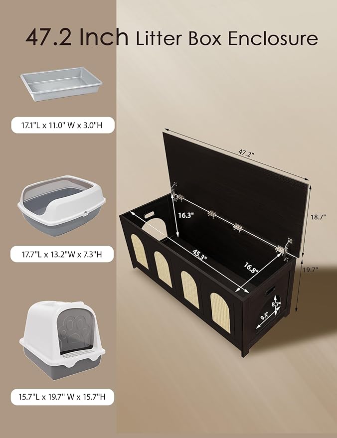 DINZI LVJ Cat Litter Box Enclosure, Flip Top Litter Box Furniture, Rattan-Like Hidden Cat Washroom, Wooden Pet House, End Side Table, 47.2"L x 18.7"W x 19.7"H, Easy to Assemble, Espresso with Rattan