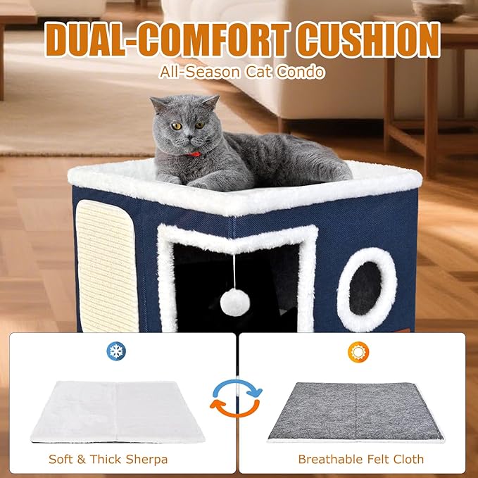 Cat Beds for Indoor Cats - Foldable Cat Hideaway with Hanging Fluffy Ball and Scratch Pad, Large Cat Bed Cave with Reversible Cushion for Multi Small Pet Kitten, Blue