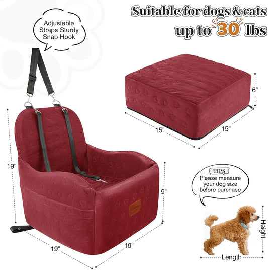 Dog Car Seat for Small/Medium Dogs,6in Elevated Cushion,Fits in Front/Back Seat,Fully Detachable and Washable,2 Storage Pockets,Easy to Install (Red, Medium)
