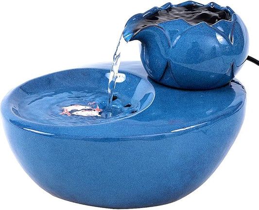 Ceramic Cat Drinking Water Fountain, 1.3 Liters Pet Water Fountains for Cats and Dogs, Electric Pet Water Dispenser with Quiet Pump and 5 Replacement Filters - Blue Lotus Style