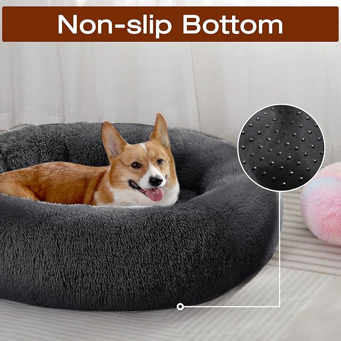 JOLLYVOGUE Dog & Cat Bed, Calming Anti-Anxiety Pet Bed for Small Dogs, Fluffy Donut Cushion for Small and Medium Pets (20")
