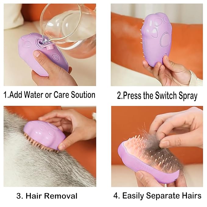 Steam Brush for Cats, Spray Comb Mist Brush, Rechargeable Steam Pet Brush for Dogs and Cats, Self-Cleaning 3-in-1 Cat Hair Brush with Steam for Long and Short Hair for Cats and Dogs (purple)