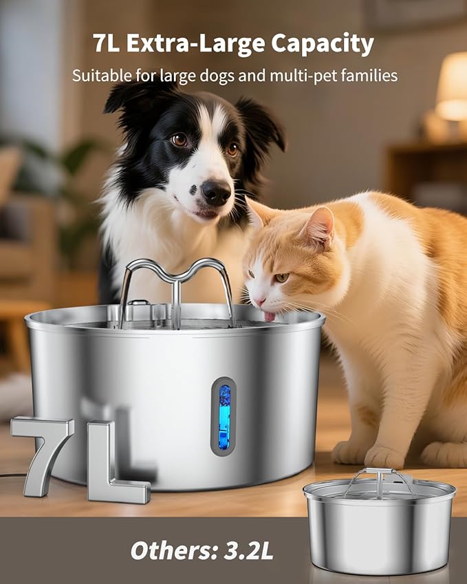 Dog Water Fountain Stainless Steel, 7L/236oz Dog Water Bowl Dispenser for Large Dogs, Automatic Cat Water Fountain