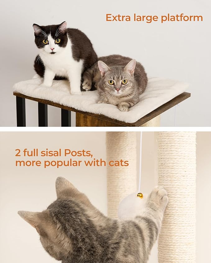 FourFurPets 35.4in 3-Tier Modern Cat Tree Tower Condo, Cat Scratch Posts for Indoor Cats, Big Plate, Two Full Sisal Scratching Posts, Rustic Brown