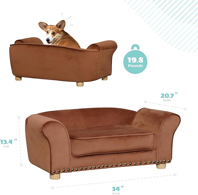 Critter Sitters 34-in. Faux Velvet Sofa in Brown for Medium-Sized Dogs and Cats, Durable and Stylish Dog Bed for Bedroom and Living Room