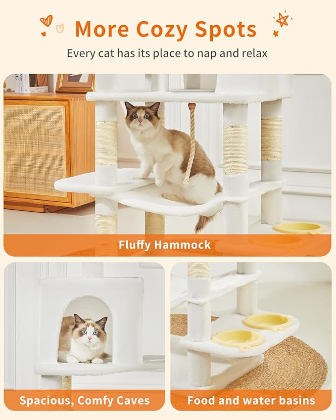 Taoqimiao 76-Inch Cat Tree Cat Tower for Indoor Cats, Plush Multi-Level Cat Condo with 12 Scratching Posts, 2 Perches, 2 Caves, Hammock, 2 Pompoms MS016C Cream White