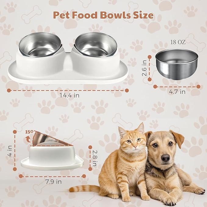 Tilted Elevated Cat Bowls, Dog Water and Food Bowl Set Anti Vomiting, Stainless Steel Pet Bowls with Base, Non-Slip Pet Feeder Bowls for Puppy Small Dogs Cats
