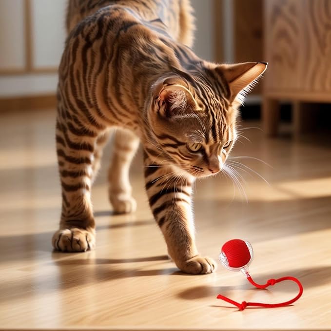 Electric Cat Toy - Automatic Rolling cat Toy with Motion sensors, Designed for Indoor Cats, Suitable for Solo Play (USB Rechargeable) (Red)