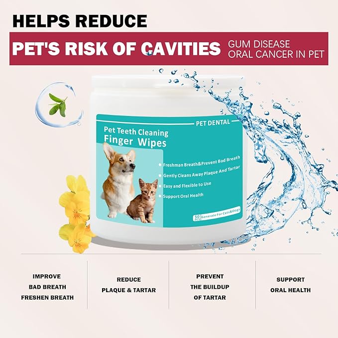 Pet Tooth Cleaning Finger Wipes (50Pcs),Dog Teeth Cleaning Wipes,Dog Dental Cleaning Finger Sleeves,Reduces Plaque & Freshens Breath,Freshens Breath, Safe and Natural