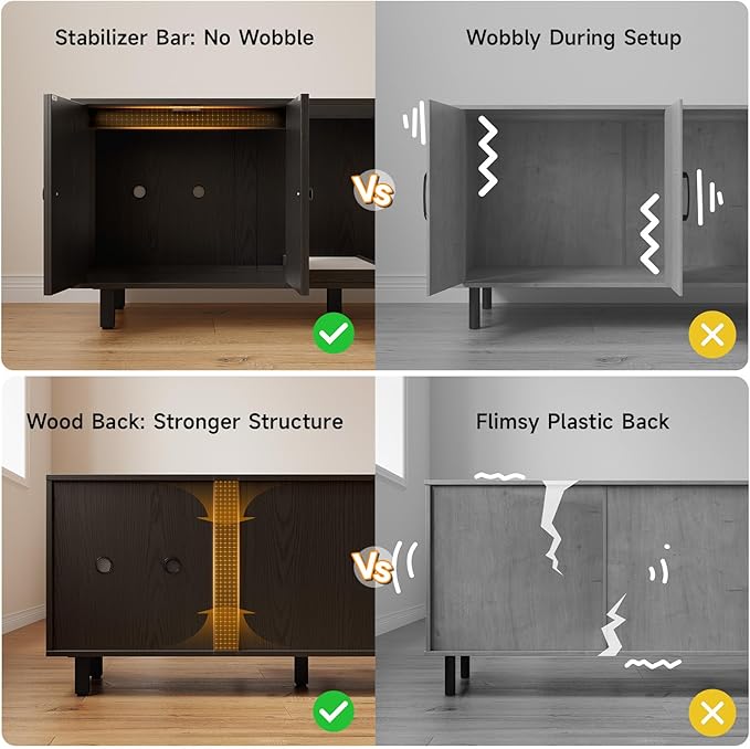 59 Inches Cat Litter Box Enclosure for 2 Cats, Hidden Litter Boxes Furniture with Cat Scratch Pad, Large Indoor Pet House with Double Room, Wooden TV Stand Side Table, Black