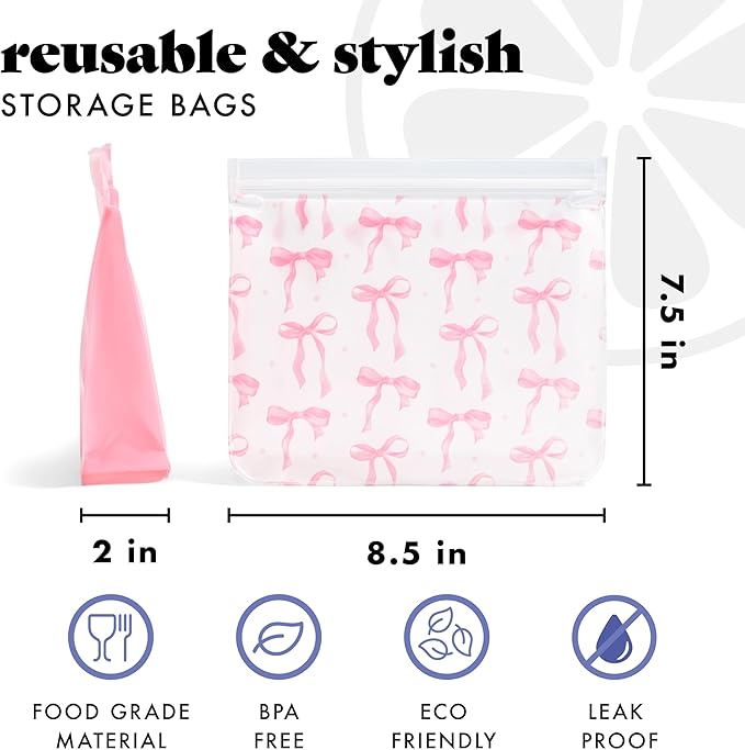 Fit & Fresh Reusable PEVA Storage Bags 3 Pack, Reusable Food Storage Bags, LeakProof Bag, Durable, Reusable Sandwich Bags, Freezer Safe Bags, Hand Wash, Easy to Clean, Eco-Friendly, Pink Bows