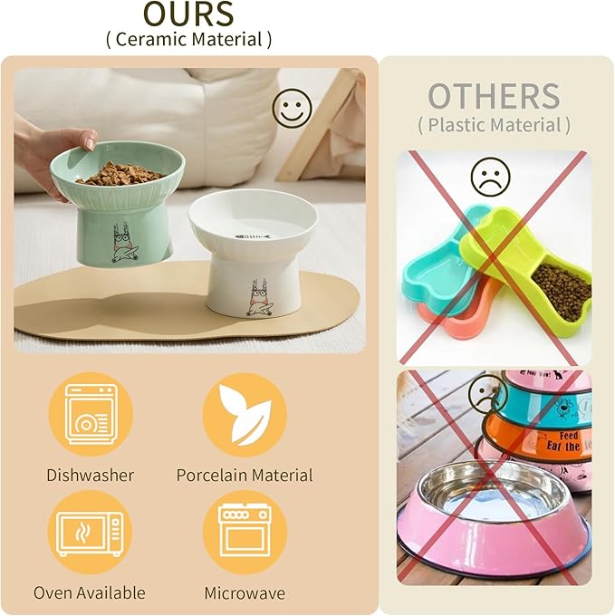 OMAYKEY 6.5 Inch Extra Wide Elevated Cat Bowls, Ceramic Raised Tilted Cat Bowl for Food and Water, Porcelain Pet Feeder Dishes for Cats & Dogs, Whisker Fatigue, White & Green