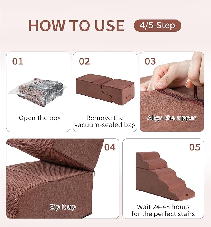 Made4Pets Dog Stairs Ramp for High Bed, 5-Step Pet Stairs for Bed Couch Sofa Climbing, 35D Foam Pet Steps for Small Dogs and Cats, Non-Slip Bottom Dog Steps, Brown