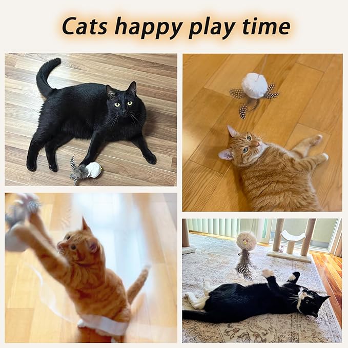 Interactive Cat Wand Toy with Feather,4 Pcs Plush Ball Cat Teaser Sticks with Catnip & Bell Cats Toys for Indoor Play Chase Exercise with Kittens