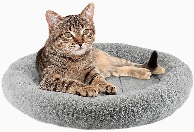 PETLESO Cat Bed Mat 15.75" Round Pad with Pillow Around, Indoor Soft Warm Pet Bed for Small Dog Cats Rabbit Curling Sleep/Nap, Antiskid Bottom, Washable, Medium