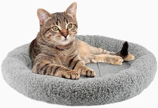 PETLESO Cat Bed Mat 15.75" Round Pad with Pillow Around, Indoor Soft Warm Pet Bed for Small Dog Cats Rabbit Curling Sleep/Nap, Antiskid Bottom, Washable, Medium