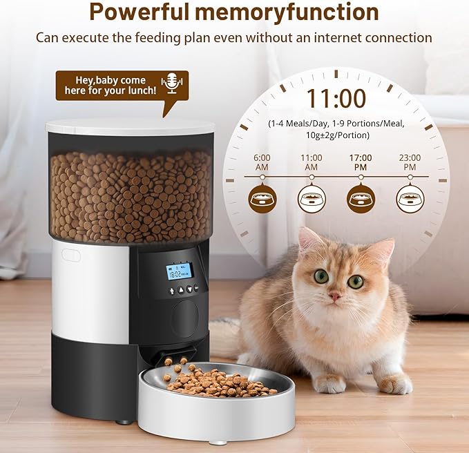 Automatic Cat Feeder, 3L Timed Dog Food Dispenser, Auto Dry Food Feeders for Pets, Programmable Portion Control, 4 Meals/Day, Dual Power Supply, 10s Voice Recorder (White and Black - Basic)