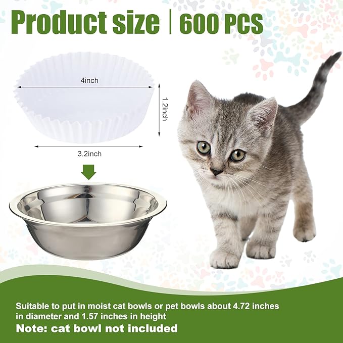 meekoo 600 Pcs Large Pet Disposable Feeding Bowls Liner Bulk Cat Food Bowls Small Paper Dish Paper Liner for Small Dogs Cats Dish Wet Food Feeding Station(White,Classic)
