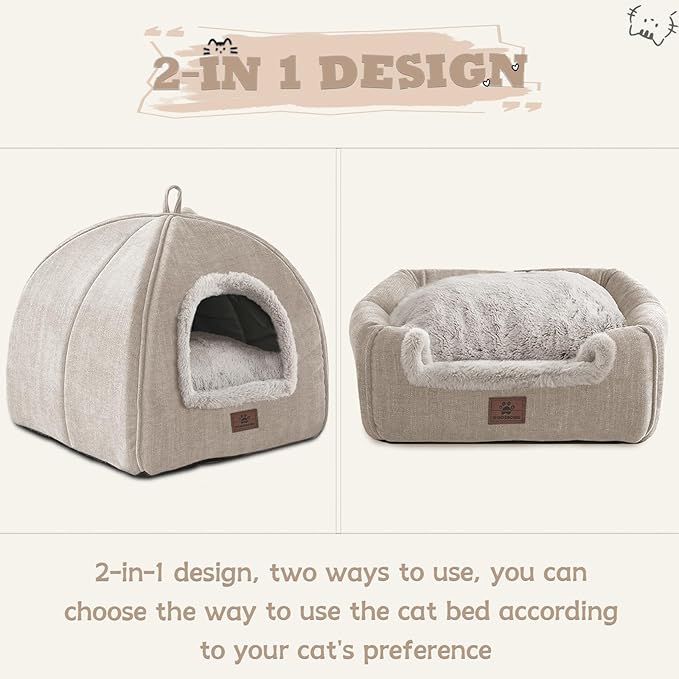 Cat Bed for Indoor Cats - Cat House Cats Tent with Removable Washable Cushioned Pillow, Soft and Self Kitten beds,for Small and Medium Pet Bed, Beige