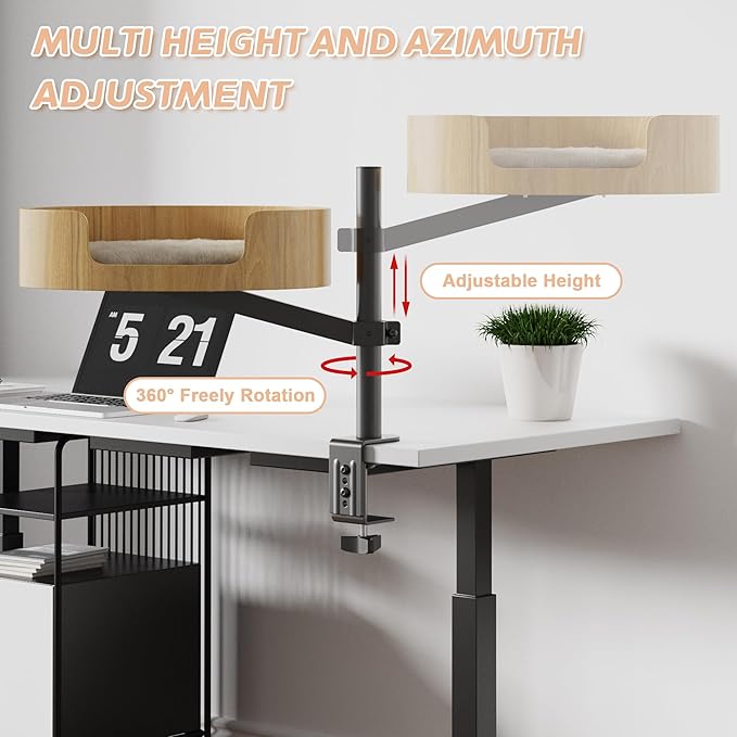 Cat Desk Bed – Cat Bed for Indoor Cats with Adjustable Height&360° Rotation, Elevated Desk Nest Cats Beds for Table, Desktop Cat's Hammock for Small Space, Wooden Cat's Bed Desktop Kitten Furniture