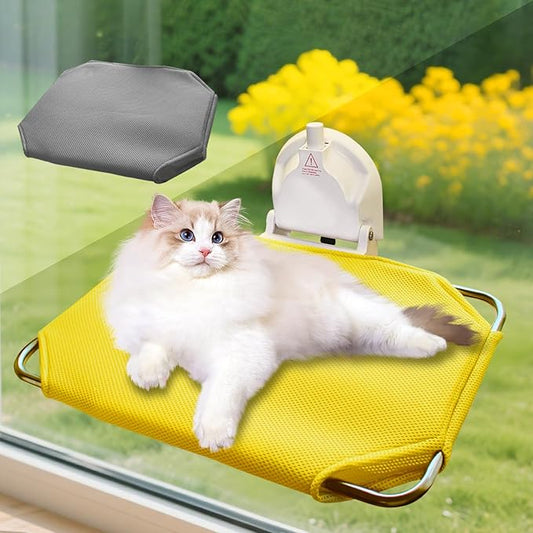Cats Window Perch with Strong Suction Cup, Large Cat Hammock Bed for Window with 2 Mats, Kitten Hammock with Metal Frame for House Indoor Large Suction Cup with Red Warning Line