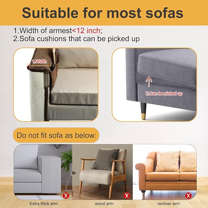 Upgraded Cat Scratch Furniture Protector,Cat Scratch Sofa Arm Sheild with 27.6’‘L*19.6’‘W Natural Sisal and Scratch Ball for Protecting Couch Sofa Chair Furniture (Brown/Right Handed)