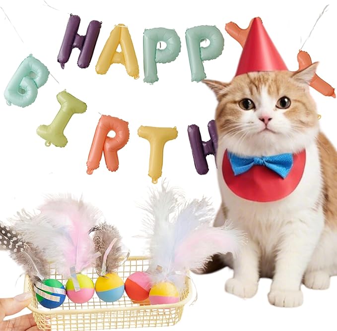 Plumed Cat Ball Toy for Indoor Cats, Assorted Color, Silicone Bouncy Ball Toy Set (5PCS)