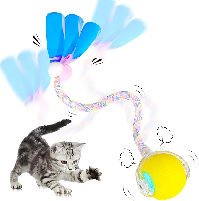 Interactive Cat Toy Ball for Indoor Cats, 2025 New Fast Self Rolling Ball Cat Toy on Carpet, Smart Interactive Automatic Cat Toy Ball for Gifts, Moving Cat Toy with Elastic Mesh Tail(Yellow)