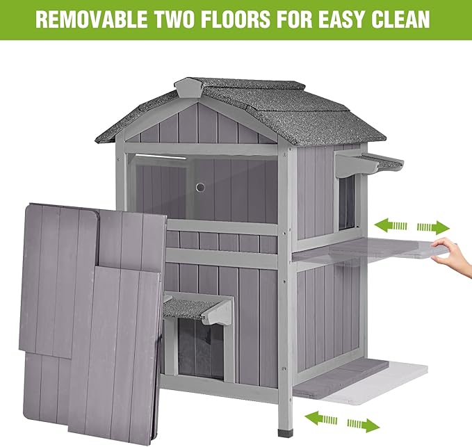 GUTINNEEN Insulated Cat House Outdoor Weatherproof Feral Cat Shelter for Winter, Two-Story Kitten House with Escape Door