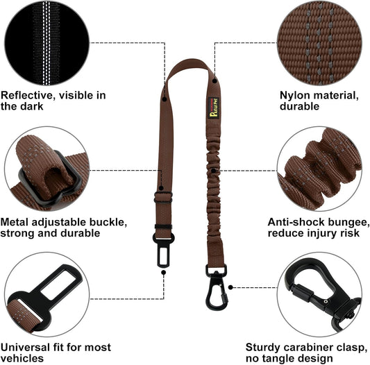 Plutus Pet Dog Seat Belt for Car, Adjustable Dog Car Harness with Carabiner Clip, Reflective Safety Dog Seatbelt Leash with Elastic Bungee, Chocolate