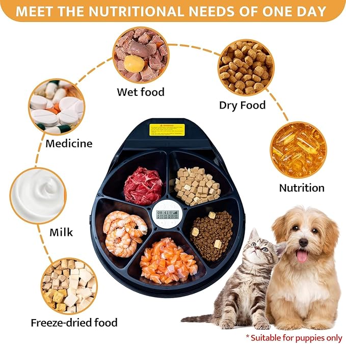 UBPET Cat Wet Food Automatic Feeder with Cooling, Semiconductor Refrigeration, with Timer, 5 Food Compartments for 330g Pet Food Each, Premium Meal Plates, Washable, for Cats