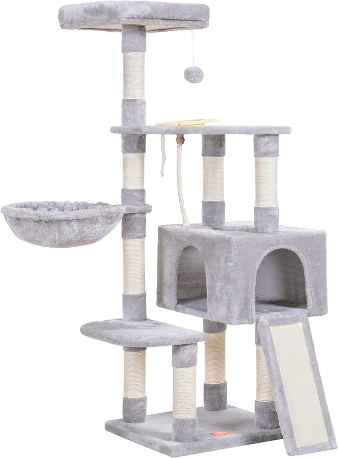 Heybly Cat Tree, Cat Tower for Indoor Cats with Scratching Board, Multi-Level Cat Furniture Condo with Feeding Bowl, Light Gray HCT010MW