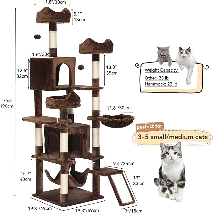 YITAHOME 75-Inch Tall Cat Tree Indoor: Multi-Level Kitten Tower with Kitty Condos, Top Perches, Sisal Ramp, Scratching Posts & Cozy Basket Hammocks Pet Play House Brown