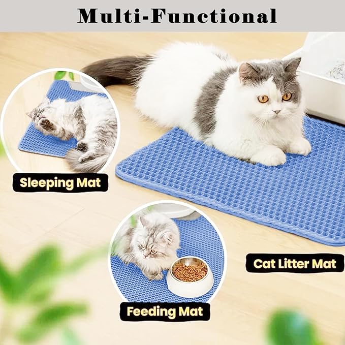 HCY&WLD Cat Litter Mat, Honeycomb Double Layer Cat Litter Trapping Mat, Waterproof Urine Proof Non-Slip, Scatter Control, Less Waste, Easier to Clean (Blue, 24" X 18")