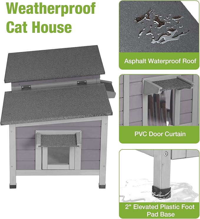 GUTINNEEN Outdoor Cat House Weatherproof, Large Cat Shelter with Openable Roofs, Feral Kitty Shelter with Elevated Base, PVC Curtain
